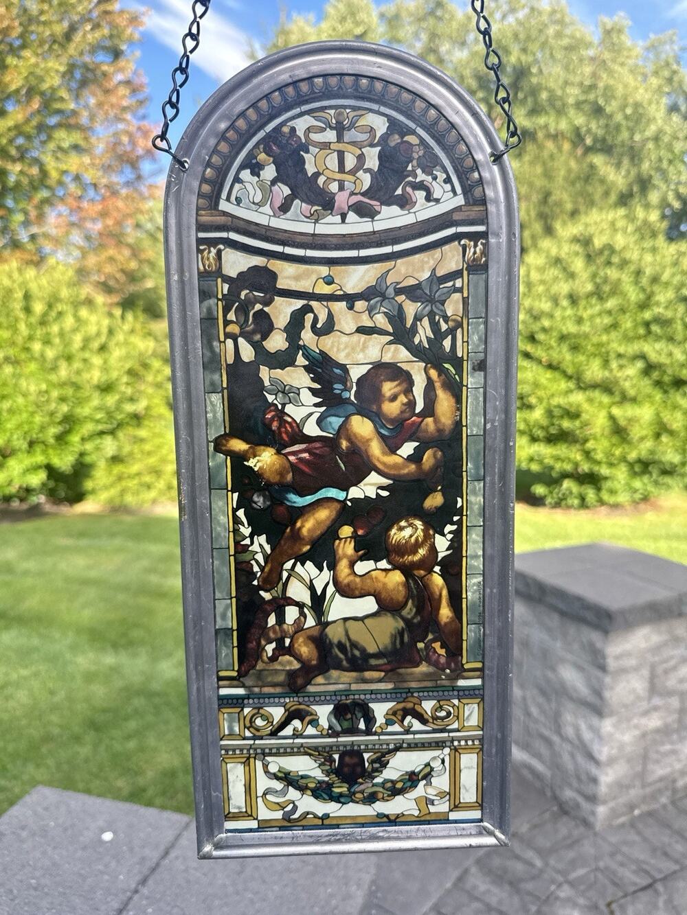1994 Glassmasters Stained Glass Panel Repro Biltmore Estate Cherubs 15x6.25”